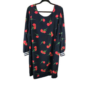 Eloquii Women's Dress Size 24 Black Red Roses Long Sleeve Open Back